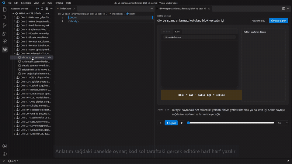 Animasyonlu anlatım editörde oynar; kodu değiştirince sonuç panelde görünür